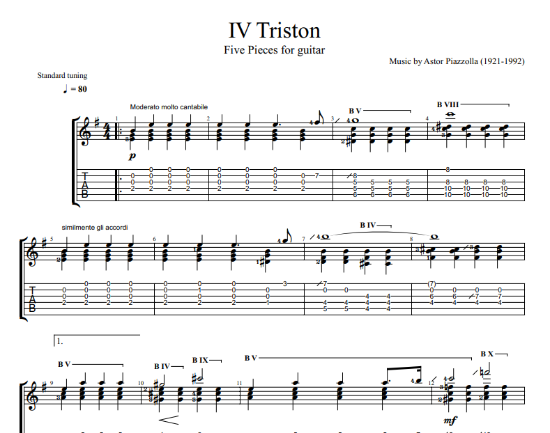 Astor Piazzolla - IV Triston sheet music for guitar